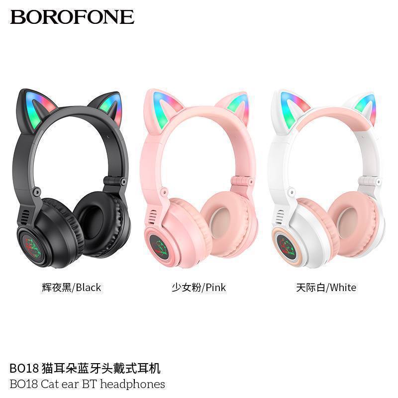 Наушники полноразмерные Borofone BO18 Cat, bluetooth 5.0, AUX, цвет: розовый (1/36)