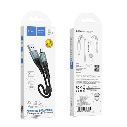 Кабель USB - микро USB HOCO X38 Cool, 0.25м, круглый, 2.4A, нейлон, цвет: черный (1/31/310)