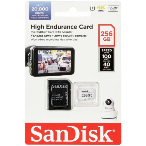 MicroSDXC  256GB  SanDisk Class 10 High Endurance Video Monitoring Card UHS-I U3 V30 (100 Mb/s) + SD