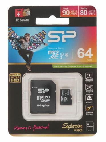 MicroSD  64GB  Silicon Power Class 10  Superior (R/W 90/80 Mb/s) + SD адаптер