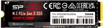 Внутренний SSD  Silicon Power  500GB  UD80, PCIe 3x4, R/W - 3400/3000 MB/s, (M.2), 2280, TLC 3D NAND