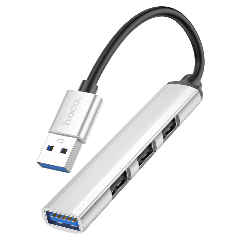 USB-концентратор HOCO HB26, пластик, 4 гнезда, 3 USB 2.0 выхода, 1 USB 3.0 выход, цвет: серебряный (