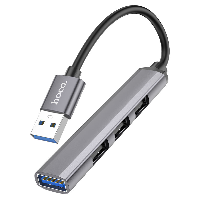 USB-концентратор HOCO HB26, пластик, 4 гнезда, 3 USB 2.0 выхода, 1 USB 3.0 выход, цвет: серый (1/18/