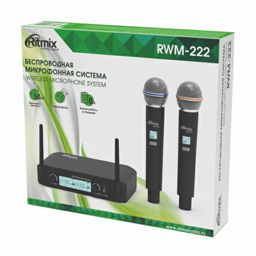 Микрофонная система RITMIX RWM-222, черный, беспроводная, 2 микрофона, радиус 50м.(1/6)