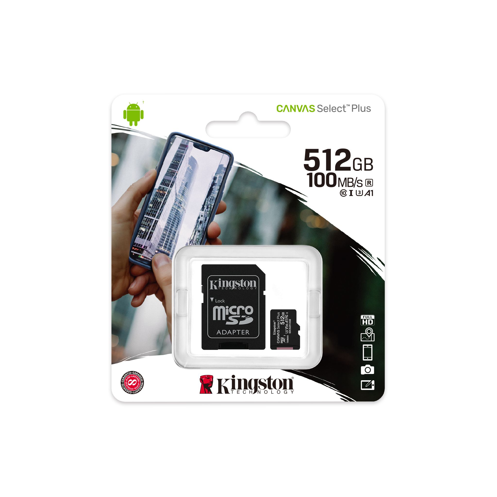 MicroSDXC  512GB  Kingston Class 10 Canvas Select Plus A1 (100 Mb/s) + SD адаптер