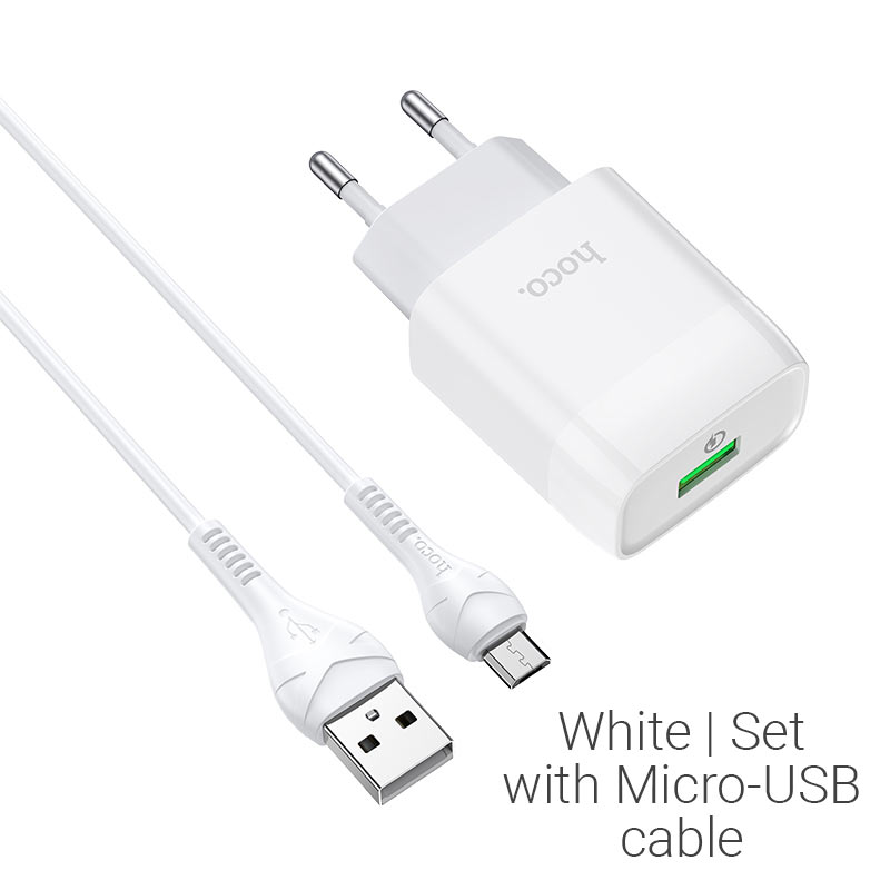 Блок питания сетевой 1 USB HOCO C72Q, Glorious, 3A, пластик, QC3.0, кабель микро USB, цвет: белый (1