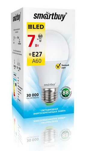 Лампа светодиодная SMARTBUY A60 7Вт 220V 3000K E27 (тёплый свет) (1/10/50)