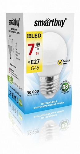 Лампа светодиодная SMARTBUY G45 7Вт 220V 3000K E27 (глоб, теплый свет) (1/10/50)