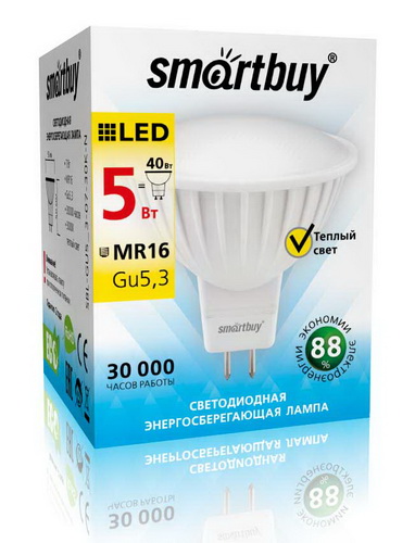 Лампа светодиодная SMARTBUY GU5.3 (MR16) 5Вт 220V 3000K (рефлекторная, теплый свет) (1/10/50)