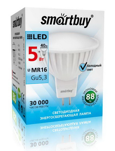 Лампа светодиодная SMARTBUY GU5.3 (MR16) 5Вт 220V 4000K (рефлекторная, нейтральный свет) (1/10/50)