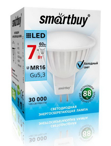 Лампа светодиодная SMARTBUY GU5.3 (MR16) 7Вт 220V 4000K (рефлекторная, нейтральный свет) (1/10/50)