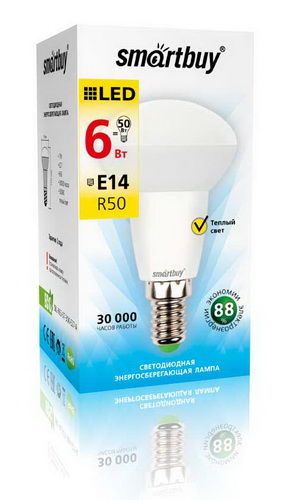 Лампа светодиодная SMARTBUY R50 6Вт 220V 3000K E14 (рефлекторная, теплый свет) (1/10/50)