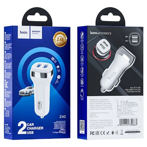 Блок питания автомобильный 2 USB HOCO Z40, 2400mA, кабель микро USB, цвет: белый (1/12/120)