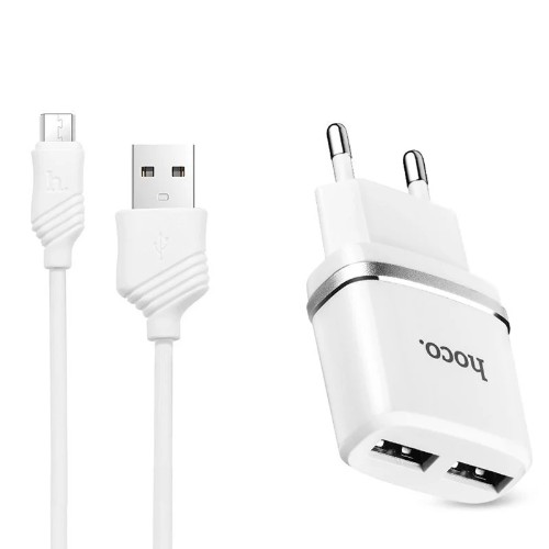 Блок питания сетевой 2 USB HOCO C12, 2400mA, пластик, кабель микро USB, цвет: белый (1/10/100)