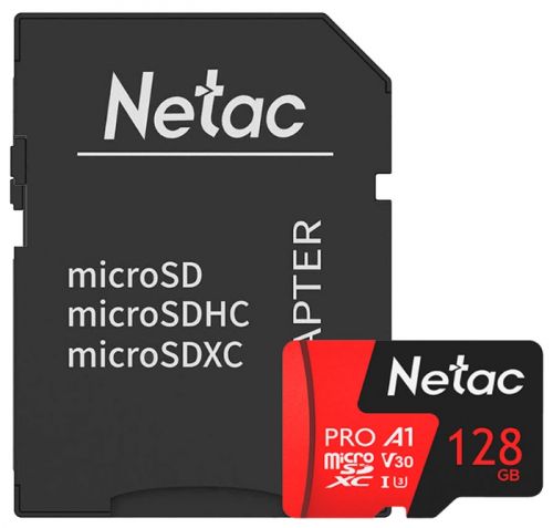 MicroSD  128GB  Netac  P500  Extreme Pro Class 10 UHS-I A1 V30 (100 Mb/s) + SD адаптер