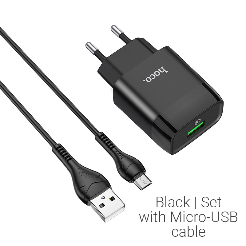 Блок питания сетевой 1 USB HOCO C72Q, Glorious, 3A, пластик, QC3.0, кабель микро USB, цвет: чёрный (