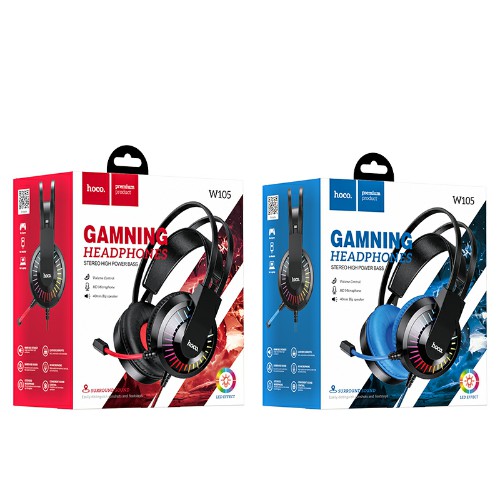 Наушники полноразмерные HOCO W105 Joyful gaming, пластик, подсветка, микрофон, AUX, 1,2м, цвет: крас