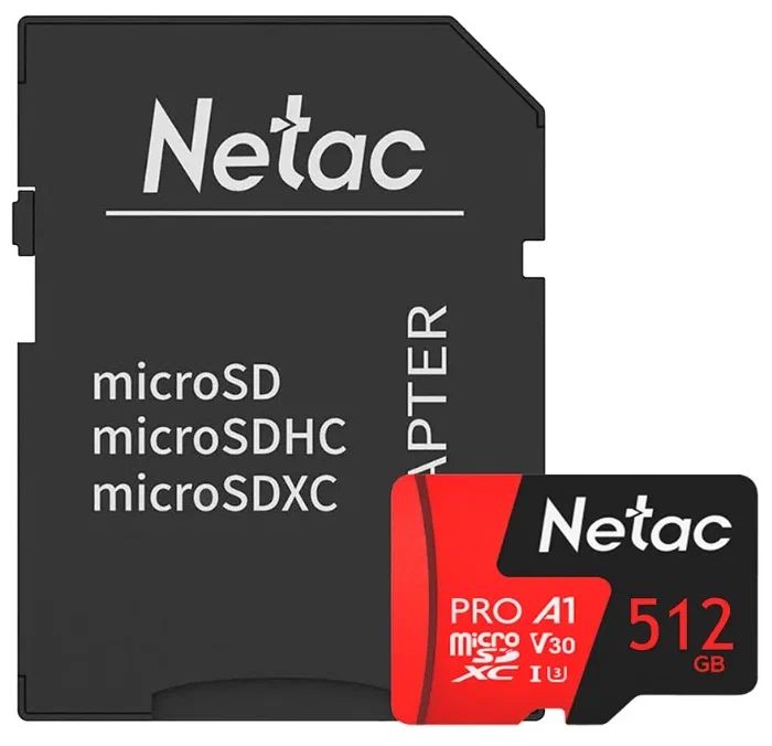 MicroSDXC  512GB  Netac  P500  Extreme Pro Class 10 UHS-I A1 V30 (100 Mb/s) + SD адаптер