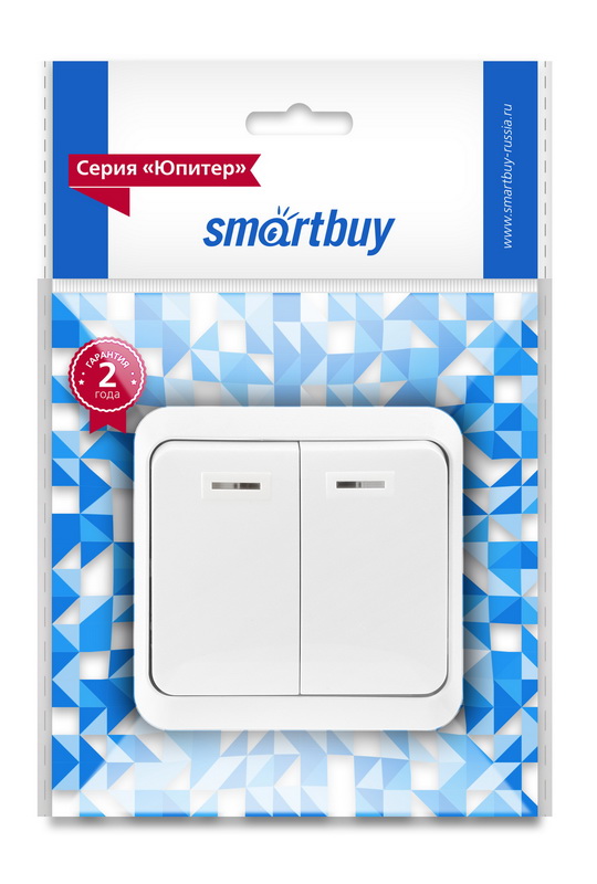 Выключатель SMARTBUY 2-клавишный с индикатором 10А, ОУ, белый "Юпитер" (SBE-03w-10-SW2-1) (1/10/200)