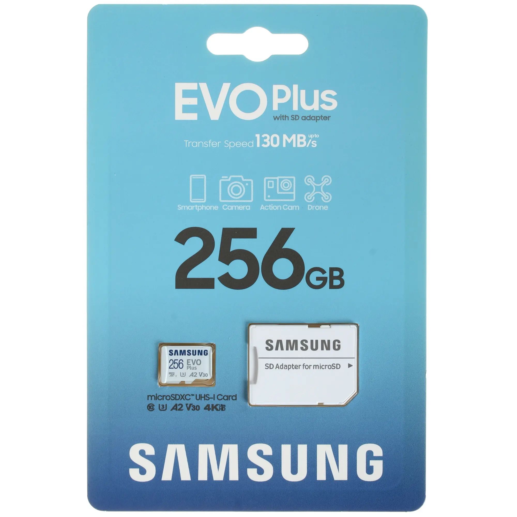 MicroSDXC  256GB  Samsung Class 10 Evo Plus U3 (R/W 130 MB/s) + SD адаптер