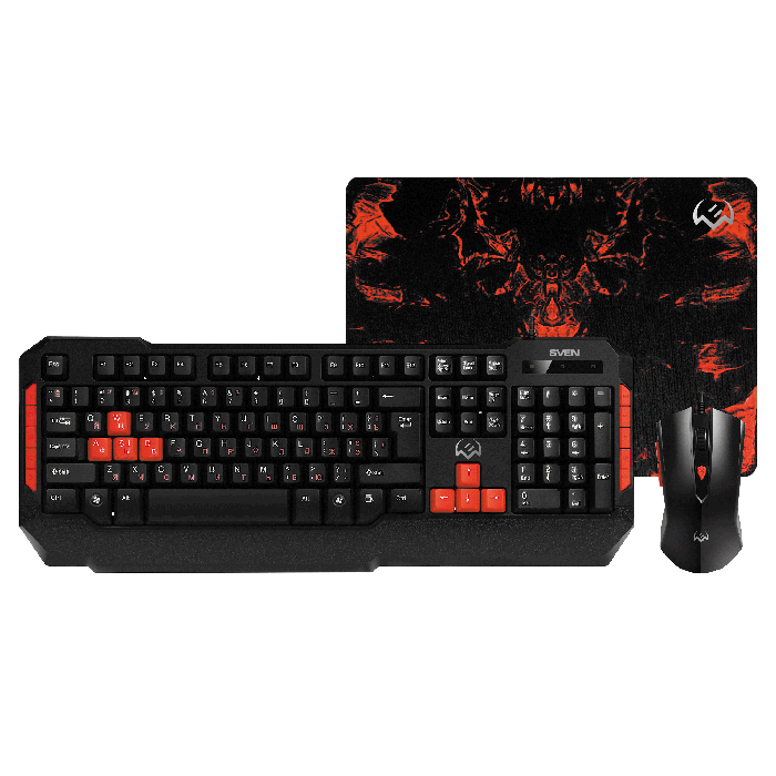 Комплект проводной игровой Клавиатура + Мышь + Коврик SVEN GS-9000 (114кл.+6кл, 8 смен. кл.), черная