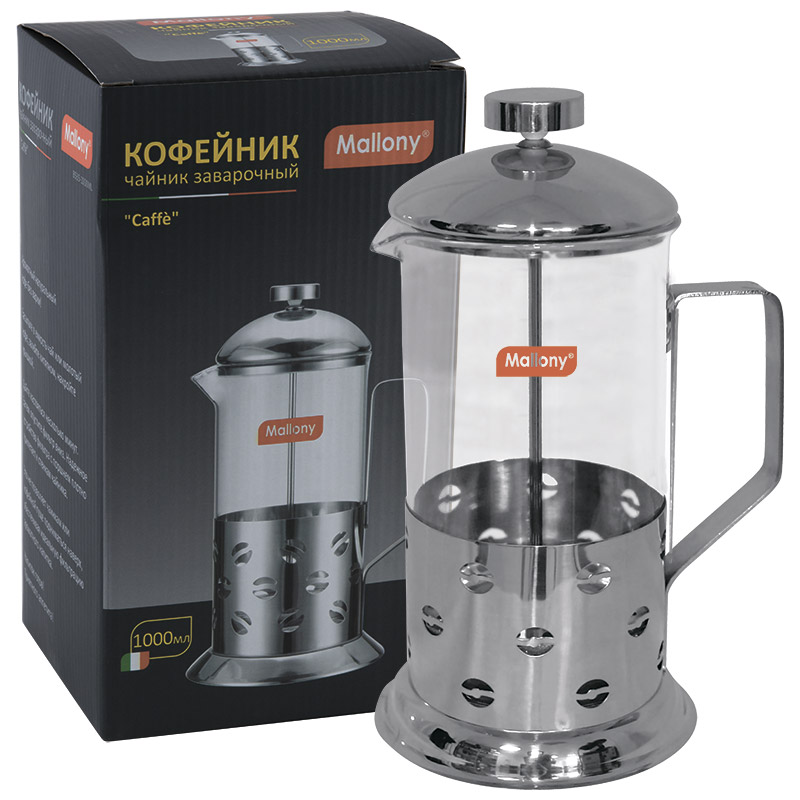 Чайник/кофейник (кофе-пресс) Caffe,1000 мл, из жаропр стекла, в корпусе из нерж стали, B535-1000ML (