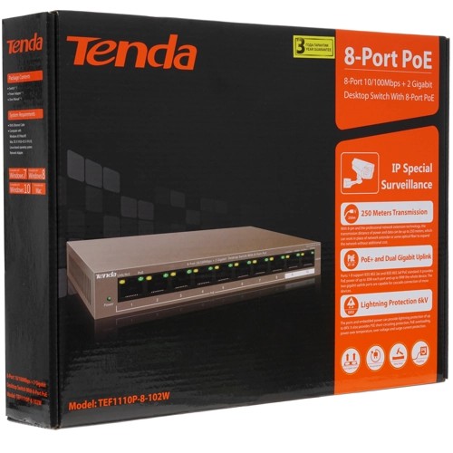 Коммутатор TENDA TEF1110P-8-102W, 8*10/100Base-TX, настольный неуправляемый PoE,(Data/Power) 2*10/10