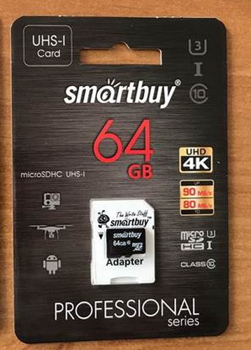 MicroSD  64GB  Smart Buy Сlass 10 Pro UHS-I U3 (70/90 Mb/s) + SD адаптер