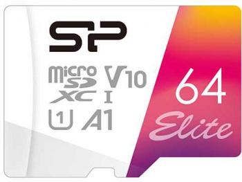 MicroSD  64GB  Silicon Power Class 10  Elite UHS-I V10 A1 (R/W 100/30 Mb/s) + SD адаптер