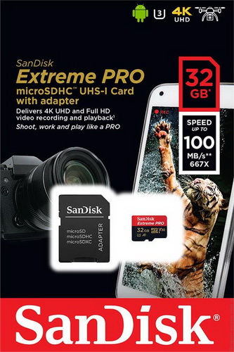 MicroSD  32GB  SanDisk Class 10 Extreme Pro (100 Mb/s) + SD адаптер