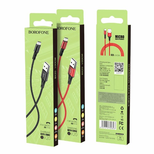 Кабель USB - микро USB Borofone BX20 Enjoy, 1.0м, круглый, 2.4A, нейлон, цвет: красный (1/648)