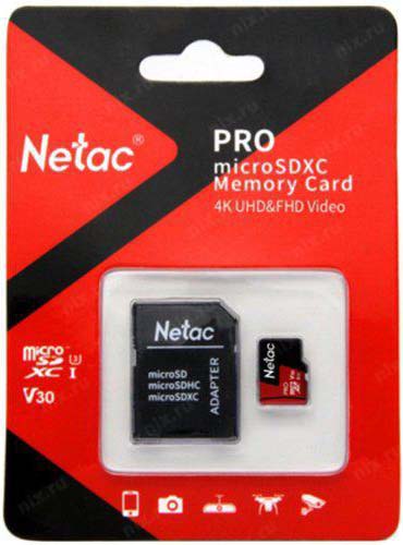 MicroSDXC  256GB  Netac  P500  Extreme Pro Class 10 UHS-I A1 V30 (100 Mb/s) + SD адаптер