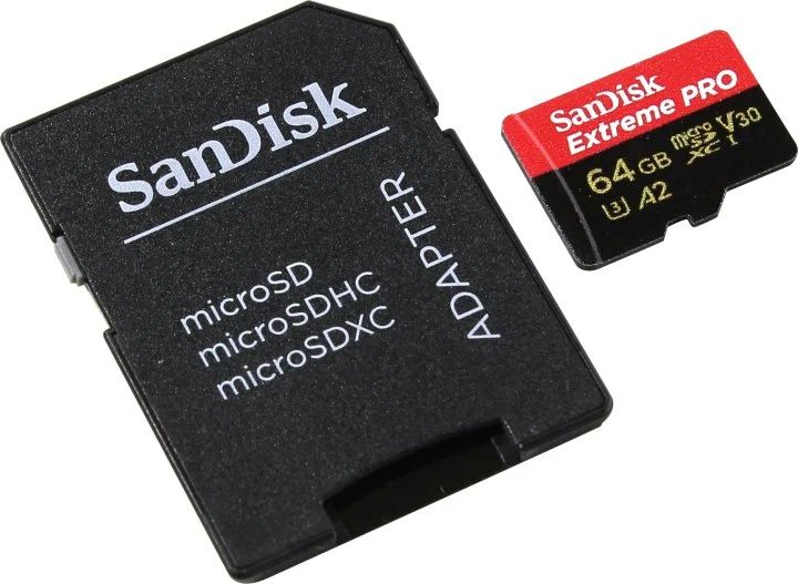 MicroSD  64GB  SanDisk Class 10 Extreme Pro A2 V30 UHS-I U3 (200 Mb/s) + SD адаптер