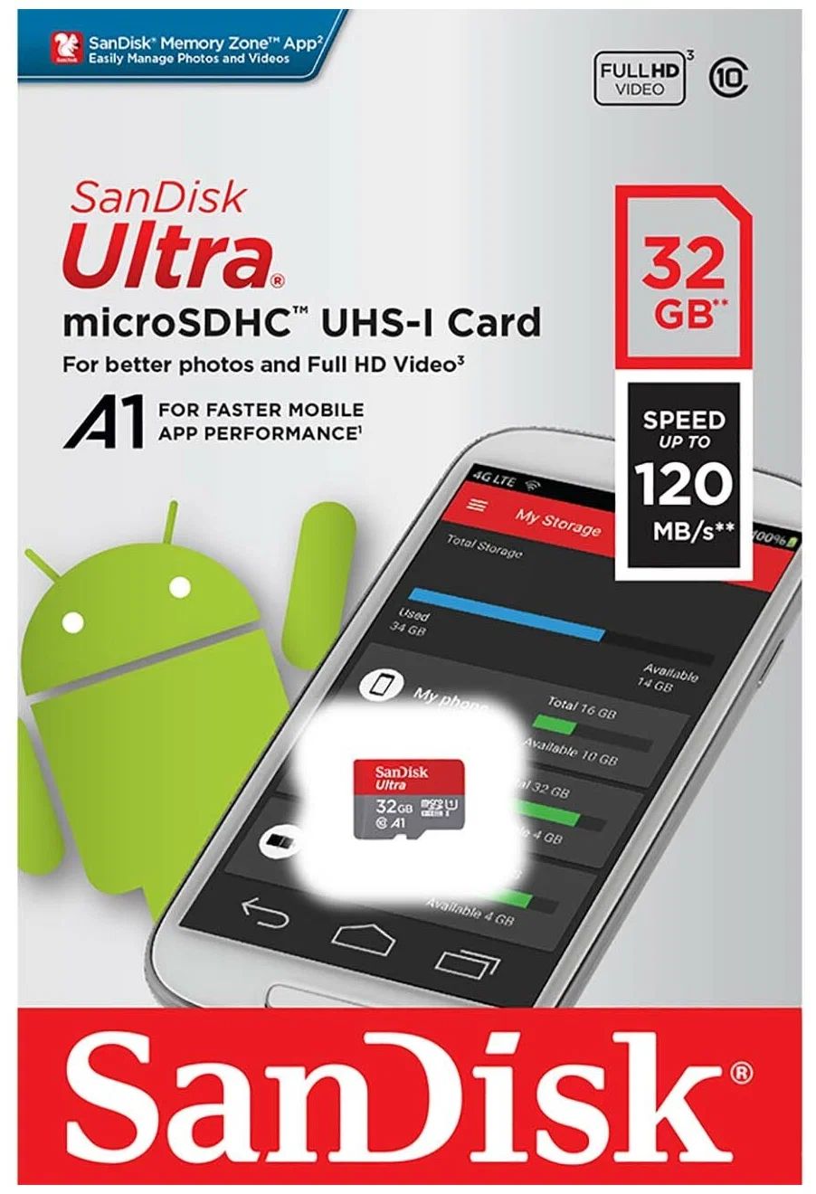 MicroSD  32GB  SanDisk Class 10 Ultra UHS-I  A1 (120 Mb/s) без адаптера