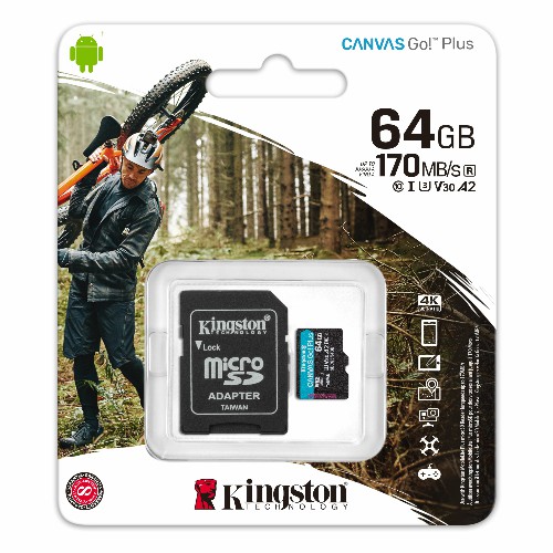 MicroSD  64GB  Kingston Class 10 Canvas Go Plus UHS-I U3 V30 A2 (170/70 Mb/s) + SD адаптер