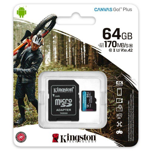 MicroSD  64GB  Kingston Class 10 Canvas Go Plus UHS-I U3 V30 A2 (170/70 Mb/s) без адаптера