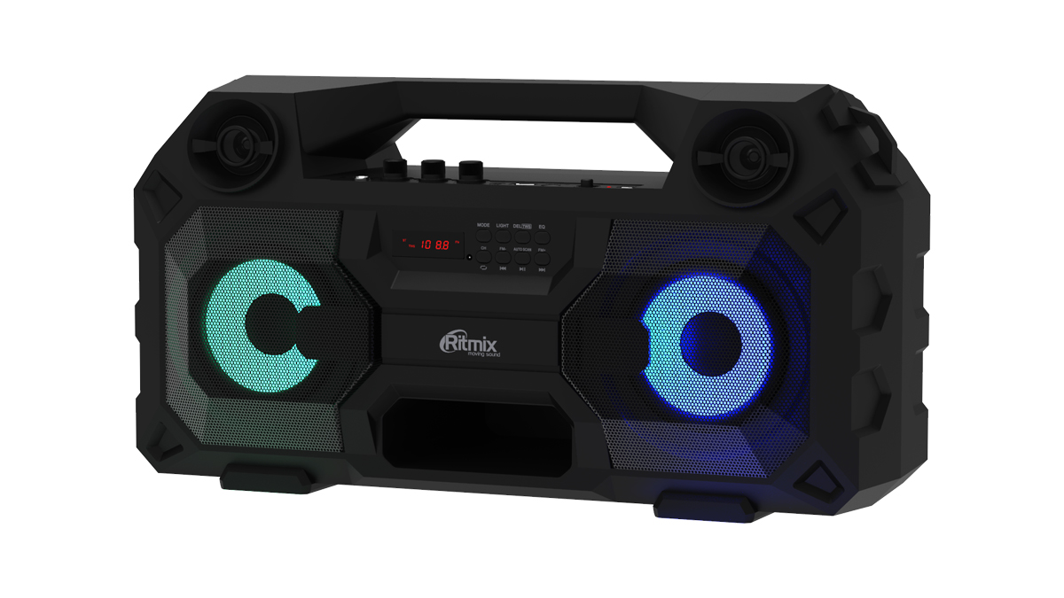 Портативная акустика RITMIX SP-690B, Bluetooth 5.0, FM-радиоприёмник, RGB подсветка, черная (1/4)