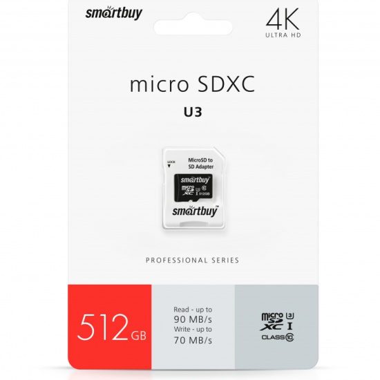 MicroSDXC  512GB  Smart Buy Class 10 Pro UHS-I U3 (70/90 Mb/s) + SD адаптер