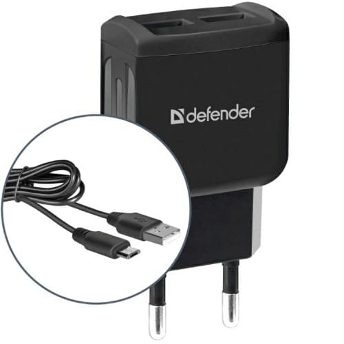 Адаптер сетевой Defender UPC-21, черный, 2xUSB, 5V/2.1А, кабель microUSB (1/50)