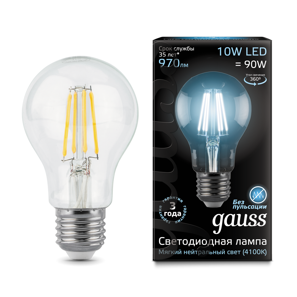 Лампа светодиодная GAUSS Filament А60 10W 970lm 4100К Е27 1/10/40