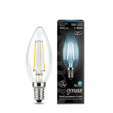 Лампа светодиодная GAUSS Filament Свеча 5W 450lm 4100К Е14 1/10/50
