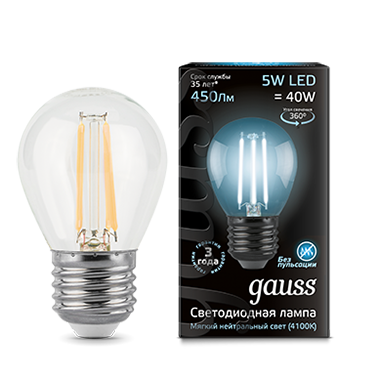 Лампа светодиодная GAUSS Filament Шар 5W 450lm 4100К Е27 1/10/50