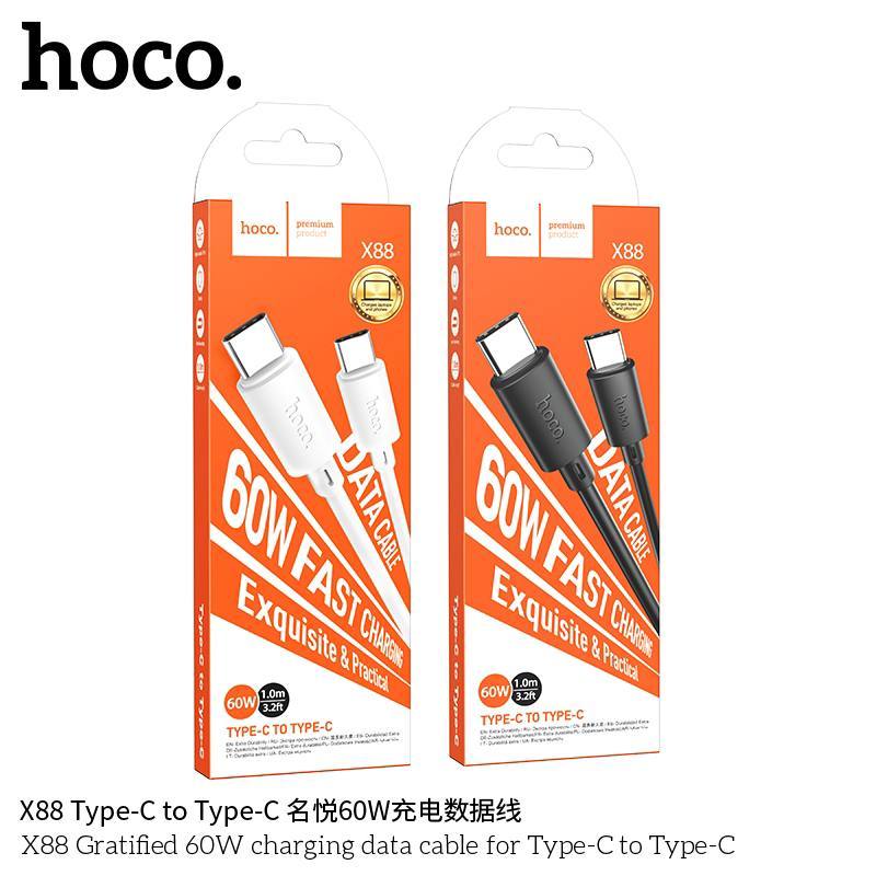 Кабель Type-C - Type-C HOCO X88 Gratified, 1.0м, круглый, 2.4A, силикон, PD60W, цвет: чёрный упакова