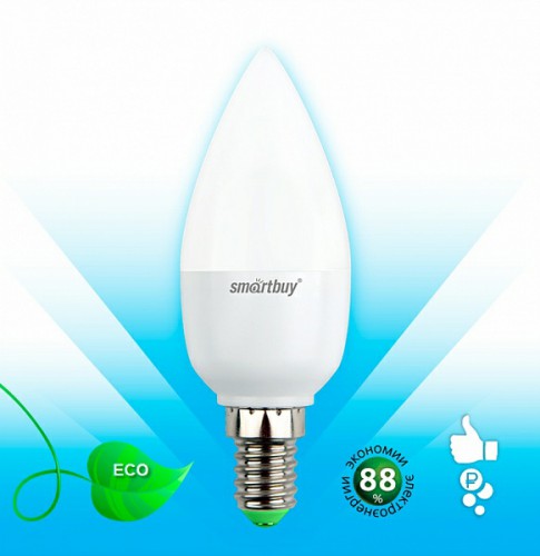 Лампа светодиодная SMARTBUY C37 9,5Вт 6000K E14 (свеча, холодный дневной свет) (1/10/100)