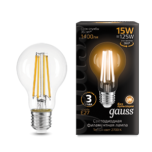 Лампа светодиодная GAUSS Filament А60 15W 1400lm 2700К Е27 1/10/40