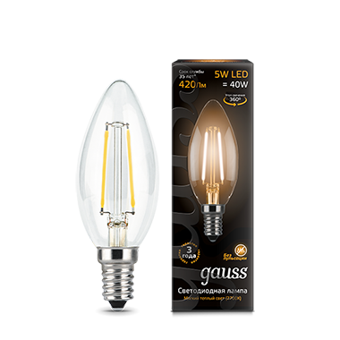 Лампа светодиодная GAUSS Filament Свеча 5W 420lm 2700К Е14 1/10/50