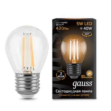 Лампа светодиодная GAUSS Filament Шар 5W 420lm 2700К Е27 1/10/50