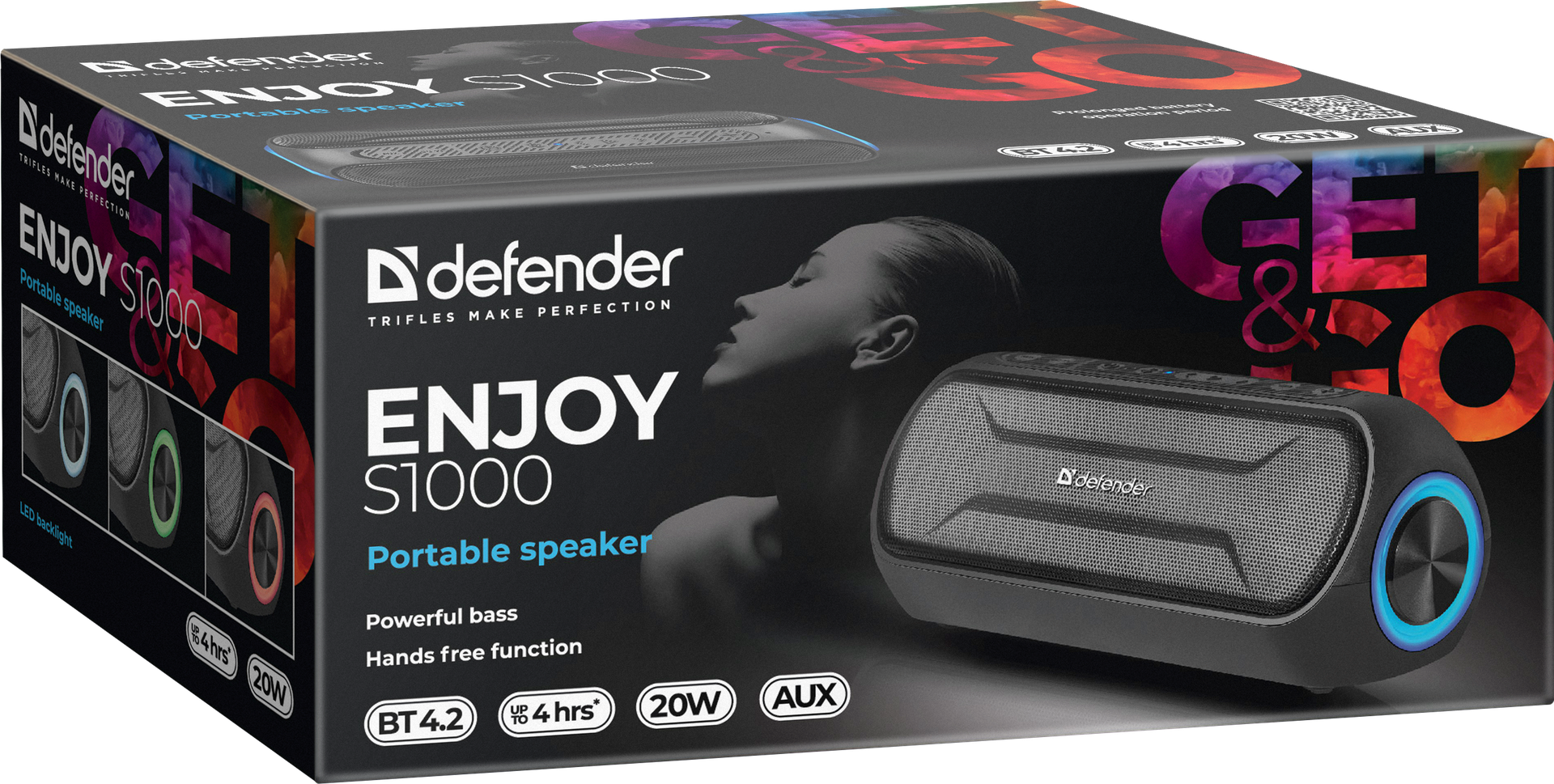 Компактная портативная колонка DEFENDER Enjoy S1000 20Вт, bluetooth 4.2.,cветодиодная подсветка,черн