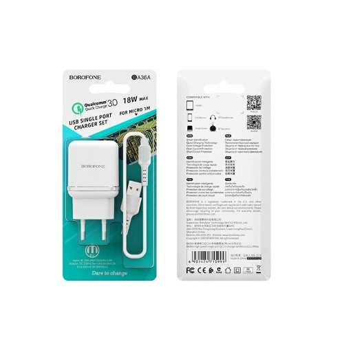 Блок питания сетевой 1 USB Borofone BA36A, Hight Speed, пластик, QC3.0, кабель микро USB, цвет: белы