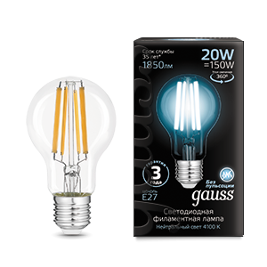 Лампа светодиодная GAUSS Filament А60 20W 1850lm 4100К Е27 1/10/40